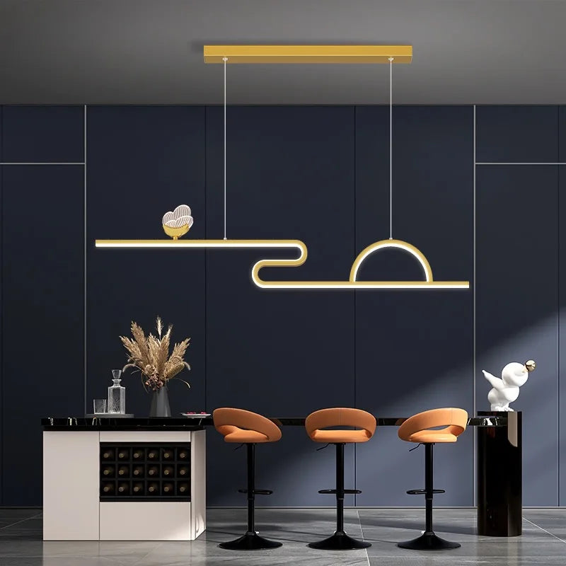 Elegante Goldene LED Pendelleuchte Mit Fernbedienung Dimmbar Über Esstisch Kücheninsel Und Wohnzimmer