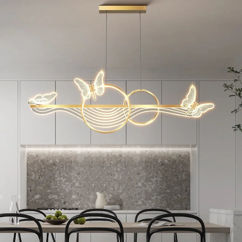 Elegante Goldene LED Pendelleuchte Mit Fernbedienung Dimmbar Über Esstisch Kücheninsel Und Wohnzimmer