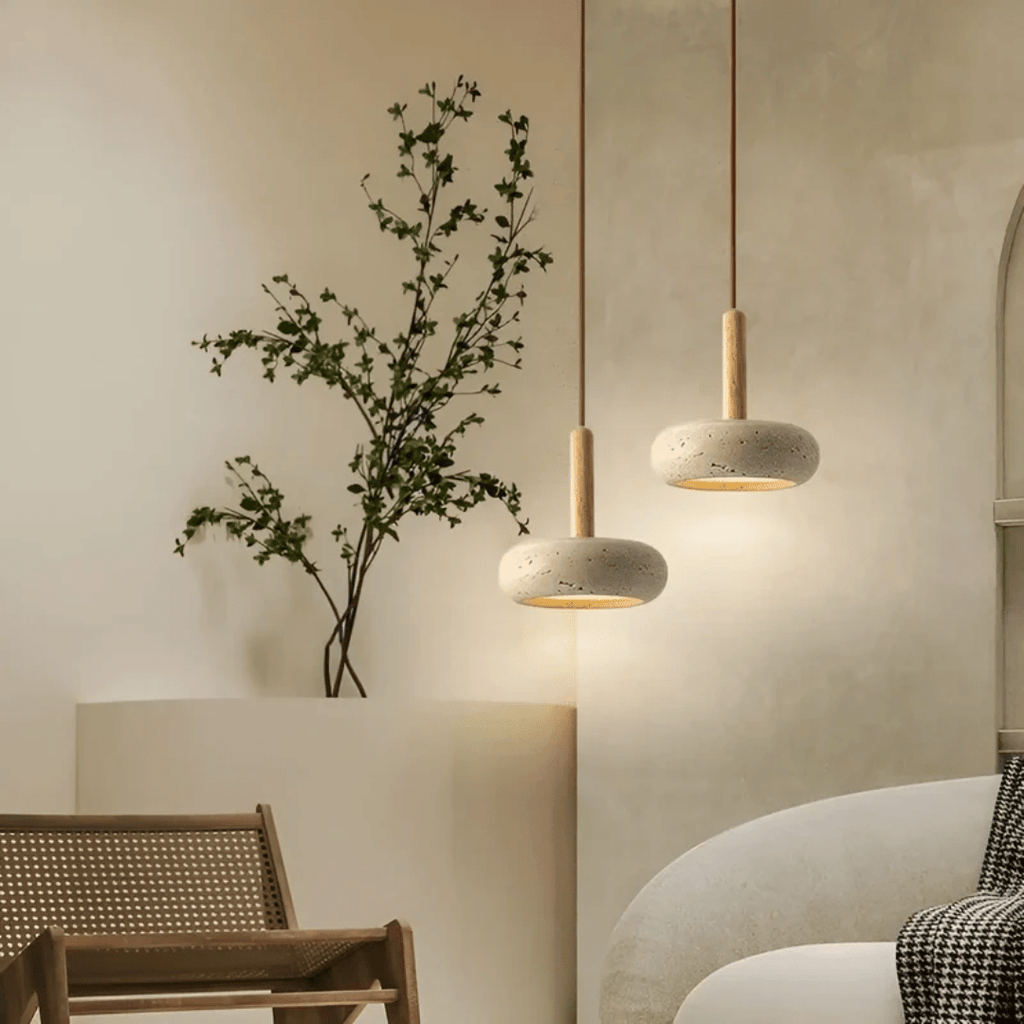 Japanse Plafondlamp – Natuursteen & Houten Designlamp met Warme, Rustige Sfeer