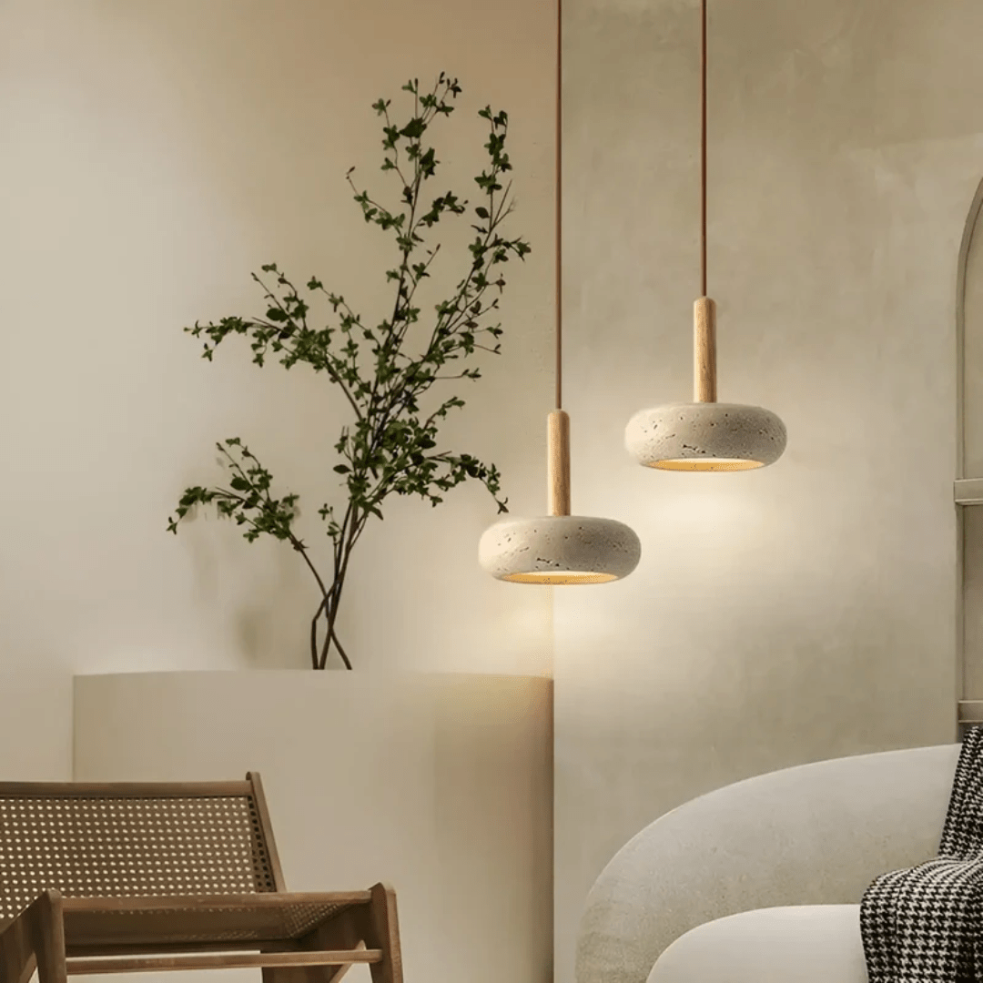 Japanse Plafondlamp – Natuursteen & Houten Designlamp met Warme, Rustige Sfeer